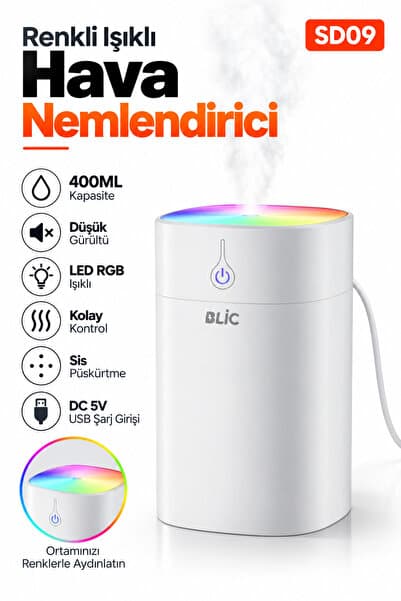 Blic SD09 400 ml Ultrasonik Hava Nemlendirici Beyaz – RGB LED Işıklı, USB 5V, 2W Mini Buhar Makinesi