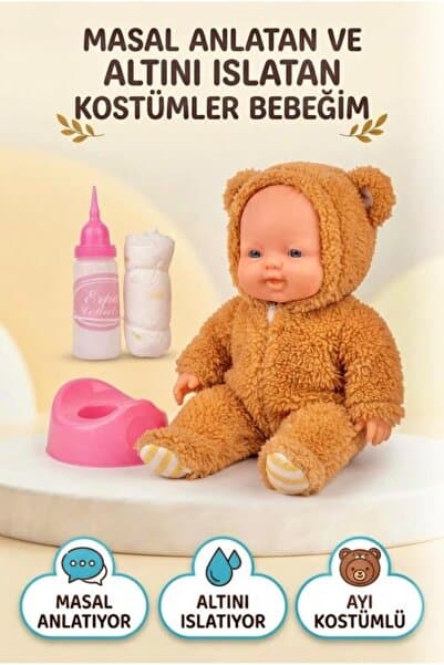 Tıfıl Toys Masal Anlatan ve Altını Islatan Kostümlü Bebek Kafası Kolları Et 30 cm(Lazımlık ve Biberon Hediyeli)