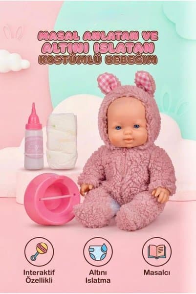 Tıfıl Toys Masal Anlatan ve Altını Islatan Kostümlü Bebek Kafası Kolları Et 30 cm(Lazımlık ve Biberon Hediyeli)