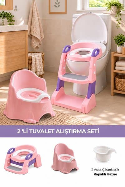 Wumboo 2'li Tuvalet Eğitim Seti- Basamaklı Klozet Adaptörü,Taşınabilir Lazımlık -Alıştırma Seti- Pembe