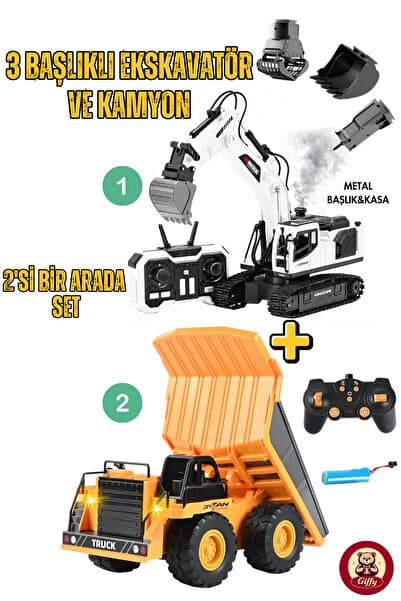 giffy Oyuncak Uzaktan Kumandalı Ekskavatör ve Damperli Kamyon 2’li Set 3 Başlıklı Buharlı Kepçe Metal Kasalı Kamyon Işıklı Sesli İş Makinesi Oyuncak Seti