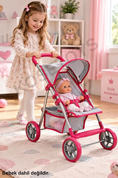 kosetoys Oyuncak Bebek Arabası Kaliteli Tenteli Yumuşak Ses Çıkarmayan tekerler 55cm