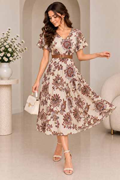 ALMADA MODA STYLE KEMER DETAYLI V YAKA PAMUK DOKUMA KİLOŞ MAXİ ELBİSE