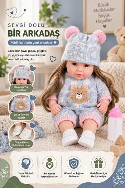 HAK İŞ OYUNCAK 30 Cm Yeni Doğmuş Bebek Oyuncak | Şapkalı Gerçekçi Yüz İfadeli Bebek