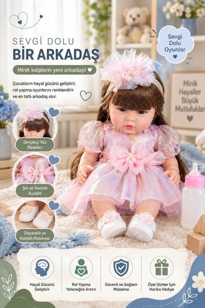 HAK İŞ OYUNCAK 30 Cm Yeni Doğmuş Bebek Oyuncak | Pembe Elbiseli Gerçekçi Yüz İfadeli Bebek