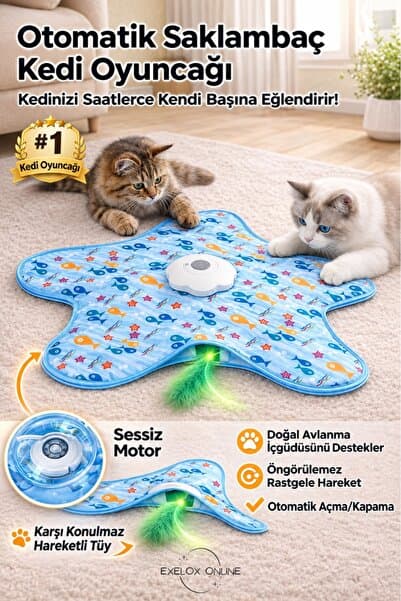 Exelox İnteraktif Kedi Oyuncağı USB Şarjlı 3 Modlu Hareketli Tüylü Yıldız Oyun Matı Mavi