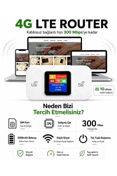 Dynego 4G LTE Taşınabilir Wi-Fi Router – 300 Mbps, 3000 mAh Batarya, SIM Kart Destekli Mini Modem