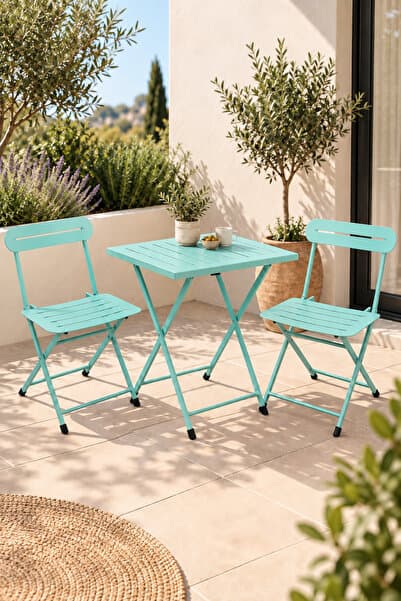 eportatif Katlanır Metal Balkon Bahçe Bistro Masa Sandalye Seti 2 Kişilik 1 Masa 2 Sandalye Mint Yeşili 1639