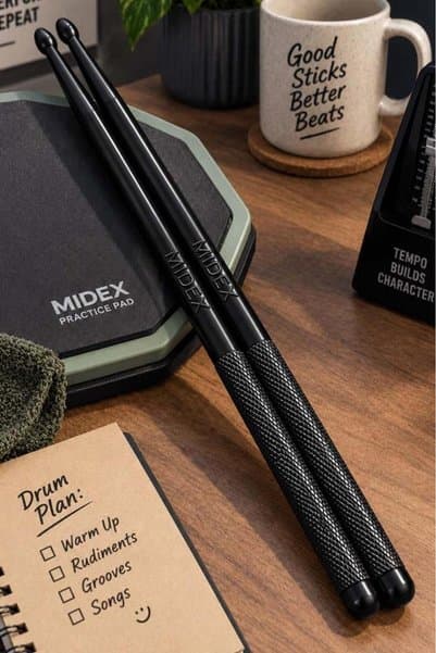 Midex GFK-801BK 5A Bateri Baget Kırılmaz Polyemid Siyah Renk Davul Bageti 5A Drumsticks