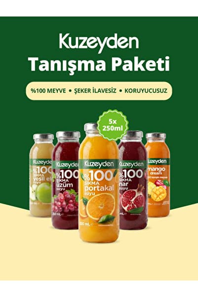 KUZEYDEN Meyve Suyu Tanışma Paketi | 5x250ml | İlave şeker, katkı ve koruyucu madde içermez | 5 Farklı Lezzet