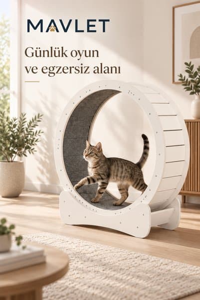 MAVLET Kedi Koşu Tekerleği 80 cm Sessiz Rulmanlı Ahşap Kedi Koşu Çarkı Büyük Boy Egzersiz Çarkı Beyaz