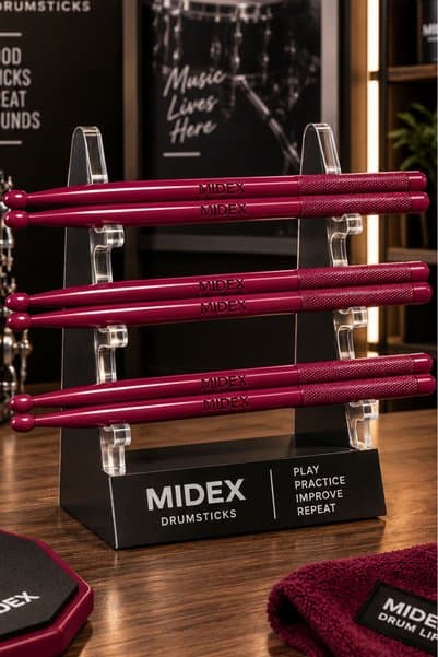 Midex GFK-801CRD-3X 5A Bateri Baget Kırılmaz Polyemid Vişne Çürüğü Renk Davul Bageti 5A Drumsticks 6 Adet