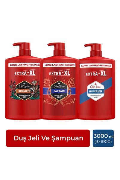 Old Spice Erkek 3'ü 1 Arada XL Duş Jeli ve Şampuan Seti: Captain Whitewater Bearglove 1000 ml x3 Saç Yüz Vücut