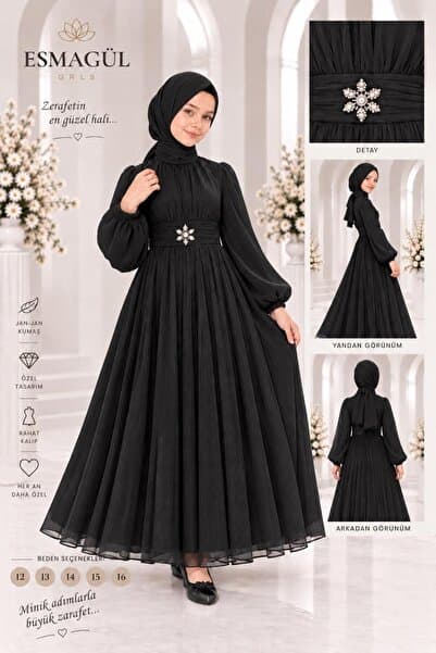 esmagül kids ESMAGÜL GRLS Jan-Jan Işıltılı Taş Detaylı Bel Büzgülü Tesettür Kız Çocuk Abiye Elbise