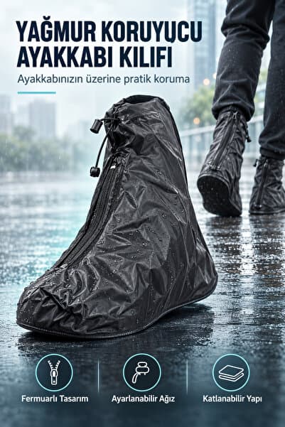 indirimsevinci Fermuarlı Yağmur ve Çamur Koruyucu Ayakkabı Kılıfı Ayarlanabilir Katlanabilir Siyah PVC Galoş
