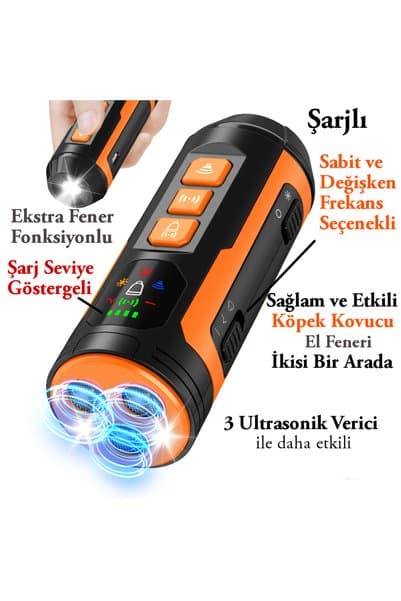 Hopdiye SLU09T Köpek Kovucu Dijital Şarj Göstergeli 3 Ultrasonik Vericili Flaşörlü Şarjlı 4 Modlu Köpek Savar LED El Feneri Köpek Eğitim Cihazı