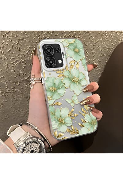 CASEVIBE Oppo A6 Pro 4G/5G Uyuml Altın Kenarlı Açık Yeşil Çiçek ve Kelebek Desenli Telefon Kılıfı