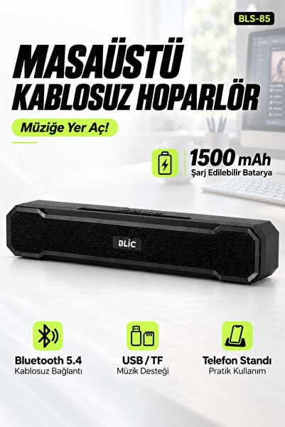 Blic BLS-85 Bluetooth 5.4 Masaüstü Soundbar Hoparlör Siyah, Telefon Standlı, 1500 mAh Şarjlı, USB ve