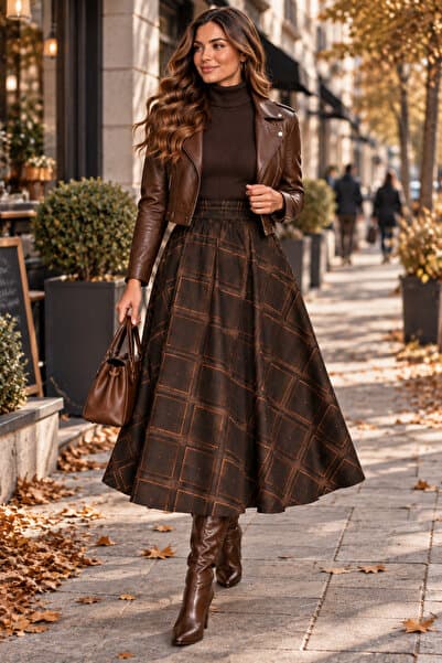 SELDAĞ MODA %100 YÜN ETRO KAHVELİ İTALYAN EKOSE 76 CM UZUNLUK BELİ LASTİKLİ KLOŞ ETEK