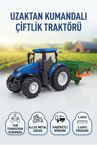 Tıfıl Toys Uzaktan Kumandalı Gerçek Görünüşlü 1:24 Ölçekli 6 Fonksiyonlu Çiftlik Aleti Römorklu Oyuncak Traktör