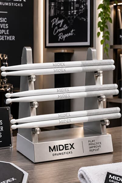 Midex GFK-801WH-3X 5A Bateri Baget Kırılmaz Polyemid Beyaz Renk Davul Bageti 5A Drumsticks 6 Adet (3 Çift)