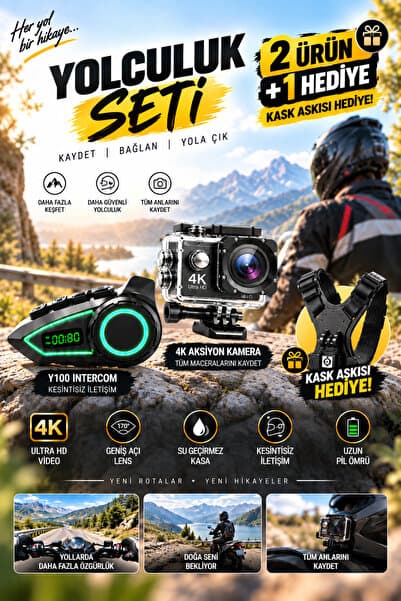 TECHNOMEN Su Geçirmez 4K Aksiyon Kamera + Motosiklet Intercom Seti – Kask Askısı Hediyeli 2+1 Motosiklet Yolculuk Seti