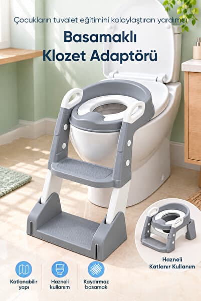 Wumboo Çocuk Tuvalet Eğitim Lazımlığı- Kendinden Basamaklı Katlanır Klozet Adaptörü,Hazneli Lazımlık -Gri