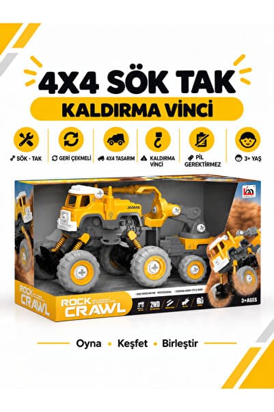 Metito Toys 4x4 Geri Çekmeli İnşaat Kamyon & Kaldırma Vinci 3+ Yaş DIY-STEM