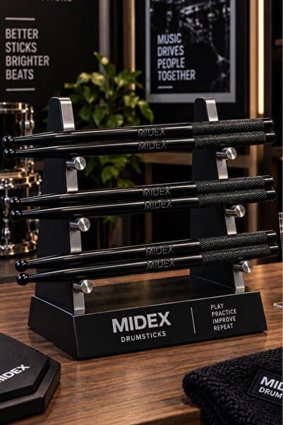 Midex GFK-801BK-3X 5A Bateri Baget Kırılmaz Polyemid Siyah Renk Davul Bageti 5A Drumsticks 6 Adet (3 Çift)