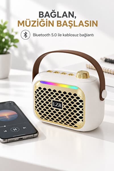 Bluetooth A68 Beyaz Retro Hoparlör RGB Işıklı Taşınabilir Şarjlı 5W USB TF Kart AUX