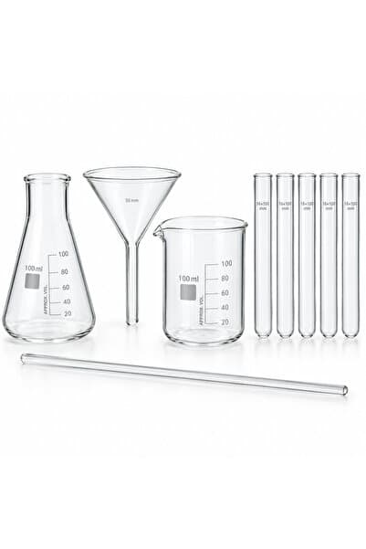 ŞİŞEDÜKKANI Laboratuvar Deney Seti 100 ml Erlen 100 ml Beher 50 mm Cam Huni Cam Baget ve 5 Adet 16×100 mm Deney Tüpü 9 Parça