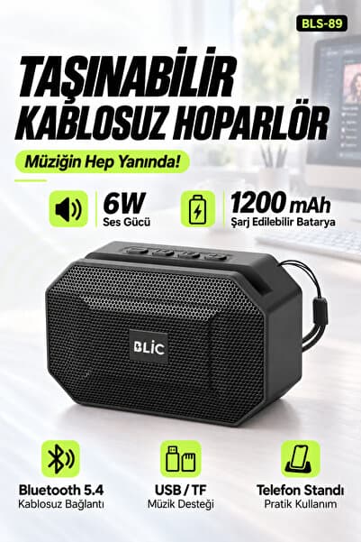Blic BLS-89 Bluetooth 5.4 Taşınabilir Hoparlör Siyah 6W RMS, Telefon Standlı, USB ve TF Kart Destekl
