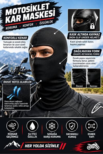 SRSMOTO Motosiklet Kar Maskesi Siyah Balaklava – Soğuk Hava, Rüzgar ve Toz Koruyucu Kask Altı Maske