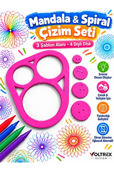 voltrex design Spirograf Mandala & Spiral Çizim Seti – 3 Şablon Alanlı 4 Dişli Diskli Çocuk ve Yetişkin Hobi Çizim Şablonu