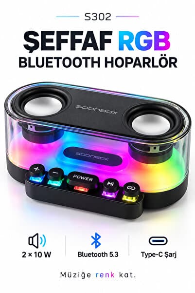 Fibaks S302 20W Şeffaf RGB Bluetooth 5.3 Hoparlör 2400 mAh Type-C Şarjlı USB TF AUX FM Radyo TWS