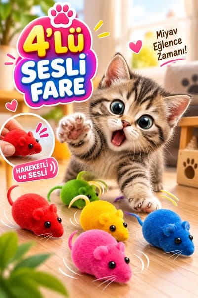 House Bird 4’lü Sesli Peluş Fare Kedi Oyuncağı Renkli Avcılık ve Eğlence Oyun Seti