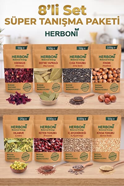 HERBONİ 8'li Avantaj Süper Tanışma Paketi (Ihlamur - Defne - Fındık - Keten - Hibiskus - Kinoa - Chia - İç Ayçekirdeği)