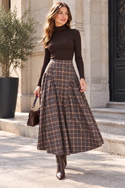 FARBE ER FASHION Pine Kahve Ekose Etek
