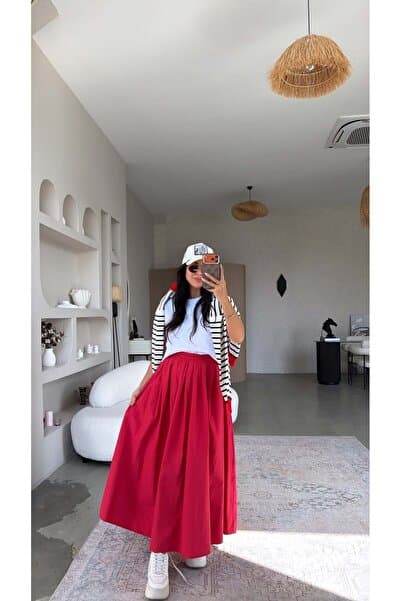 Buket Teke Kırmızı Poplin Maxi Beli Lastikli Etek