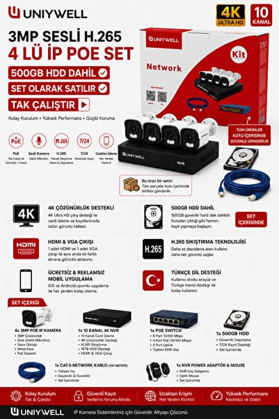 UNIYWELL 4 Kameralı İp Set H.265 Yapay zeka Destekli Sesli Ip Poe Kamera Sistemi – 500GB HDD + 100M Cat6 Kablo Dahil, 10Kanal 4K Nvr, Tak Çalıştır