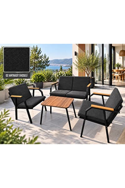 beehanem Jardin Metal Mutfak Balkon Bahçe Oturma Grubu 2+1+1 Sehpalı Antrasit Siyah Ayaklı Ekoseli Takım