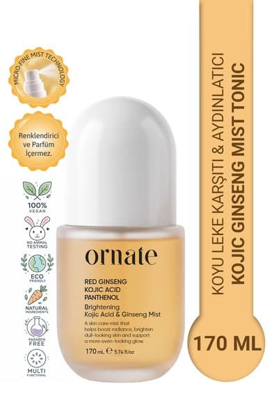 ORNATE Kojic Acid, Ginseng İçeren Koyu Leke, Kararma, Görünümü Karşıtı, Ton Eşitleyici ve Canlandırıcı Tonik Yüz Misti 170 ml