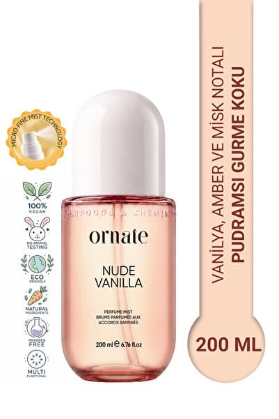 ORNATE Nude Vanilla Vanilya, Amber ve Misk Notalı Pudramsı Gurme Kokulu Saç ve Vücut Spreyi Body Mist 200 ml