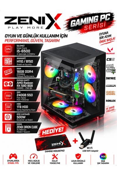 Zenix Gaming Zenix Single Pro i5-6500 16GB Ram 240GB SSD 1TB HDD RX580 8GB Oyuncu Bilgisayarı