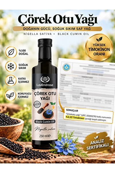 Lavendrose Çörek Otu Yağı 250ml 2.2 Yüksek Timokinonlu Pestisit Analizli Soğuk Sıkım %100 Doğal * Çörekotu Yağı