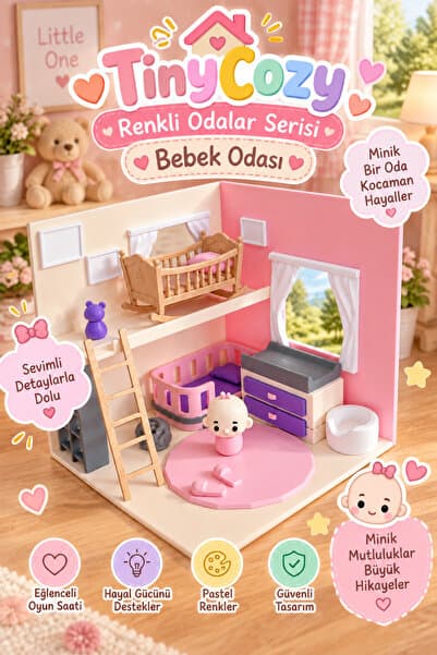 senayartstudio Bebek Evi Oda Seti 🏠 2 Katlı Mobilyalı Pembe Oyuncak Ev – Beşik ve Bebek Figürlü 👶💗