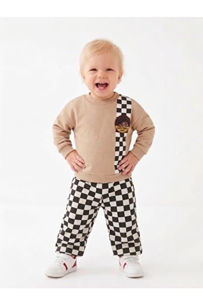 Tufitto Baby Erkek Çocuk Dama Desenli Yarış Temalı 2’li Takım Bej Sweatshirt ve Eşofman Altı