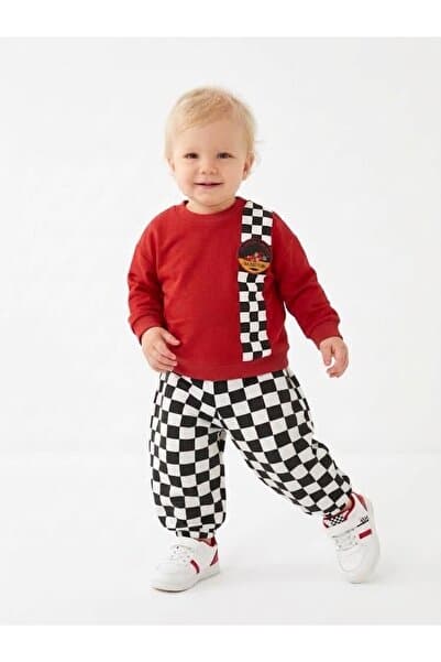 Tufitto Baby Erkek Çocuk Dama Desenli Yarış Temalı 2’li Takım Kırmızı Sweatshirt ve Eşofman Altı