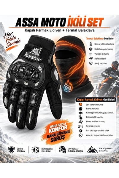 ASSAMOTO Assa Moto Karztec 2'li Set Siyah Renk Motosiklet Eldiveni - Profesyonel Yüksek Korumalı Dokunmatik Özellikli Tam Parmak ve Balaklava
