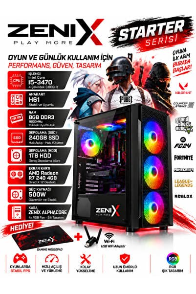 Zenix Gaming Zenix Starter i5-3470 8GB Ram 240GB SSD 1TB HDD R7 240 4GB Ekran Kartı Gaming Bilgisayar